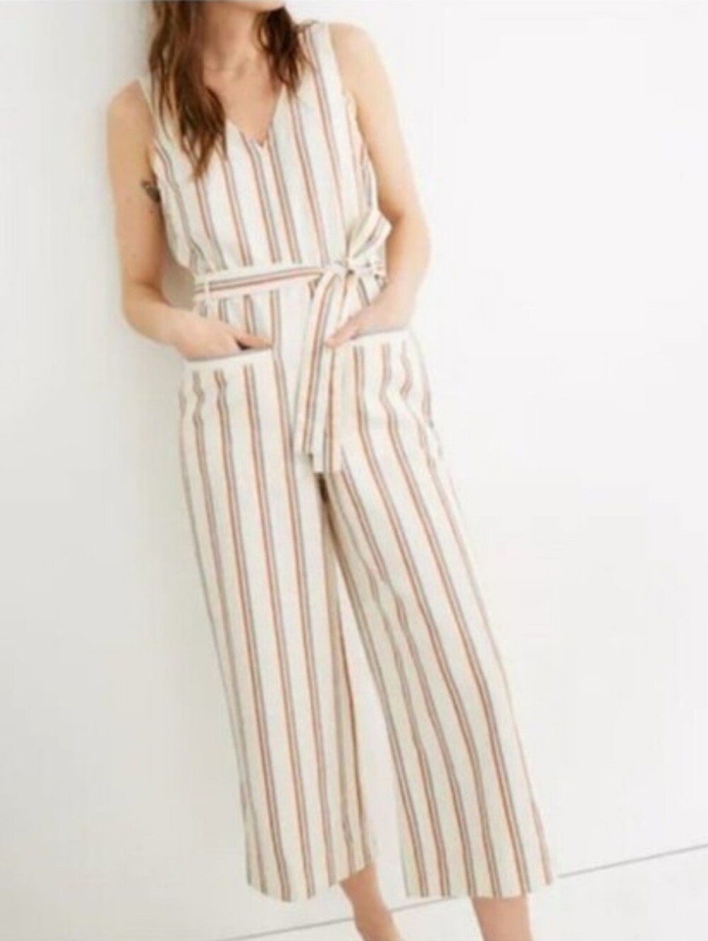 Madewell Striped Linen Blend Wide Leg Jumpsuit New XS Striped Preppy